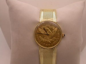VINTAGE LUCIEN PICCARD 14K $10 COIN WATCH 14K GOLD BAND