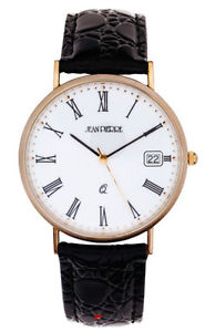 Gents 9ct Gold Wristwatch with Roman Numerals and Date on Black Leather Strap