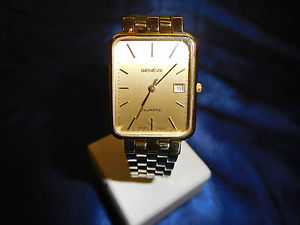 GENEVA QUARTZ CALENDER 14K GOLD RECTANGULAR MEN'S WATCH - SWISS MADE - WOW!!!
