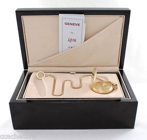 Geneve 14K Yellow Gold Pocket Watch by L&M Geneva Chain Swiss Quartz Jewelry Box