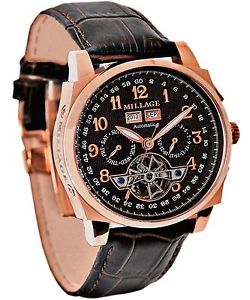 Millage Tourbillion Collection Brown On Rose Gold Genuine Coroco Calf Leather