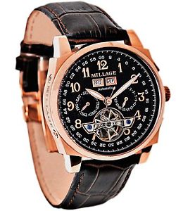 Millage Tourbillion Collection Black on Rose Gold Genuine Coroco Calf Leather