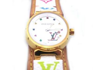 Auth Louis Vuitton Monogram Multicolor/18K Yellow Gold Tambour Watch