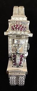 Vintage Art Deco 14k White Gold Ruby Diamond Pery Watch