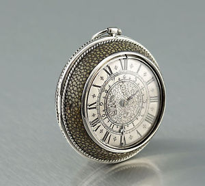 Jean Hubert  Oignon with Alarm 1680 Shagreen silver Pocket watch Spindeluhr