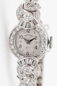 Antique 1940s $8000 3ct VS G Diamond Hamilton 14k White Gold Ladies Watch WARRTY