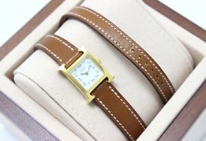 AUTHENTIC HERMES H Watch Mini Double Tour Boxcalf Leather Belt Quartz GP HH1.101