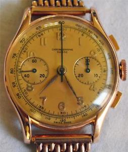 Rare! Circa 1940's Chronographe Suisse Solid 18K Rose Gold 17J Chronograph Watch