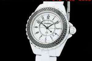 Auth CHANEL J12 Black Diamond Bezel H1630 White Ceramic Lady's Watch(S A1484)
