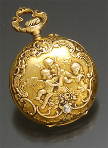 Beautiful Victorian 14K Repousse Diamond & Cherubs Ladies Lapel Watch CA1880