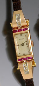 Retro Ladies 18K Pink Gold Diamond Ruby Wrist Watch CA1940s
