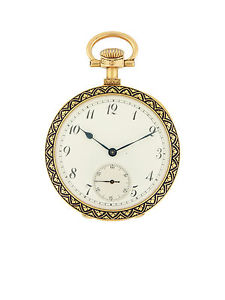 18k Yellow Gold and enamel open face Swiss pocket watch.