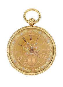 French 18k Yellow Gold Open Face Pocket Watch, decorative multi-colored case