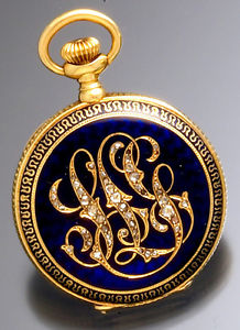 Ladies Diamond and Enamel 18K Case Fancy Dial Lapel Watch by Stowell & Co. C1900