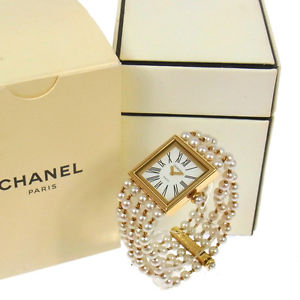 Authentic CHANEL CC Logos Pearl Mademoiselle Watch Wristwatch 18K Ladies RG00019