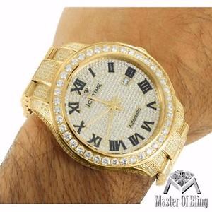 Mens 11 Ct Diamond 14k Yellow Gold Stainless Steel Roman Date Dial Icetime Watch