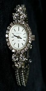 VINTAGE HAMILTON LADIE'S WATCH-14k WHITE GOLD & 3+ TOTAL CARAT WT- WIND-UP-WORKS