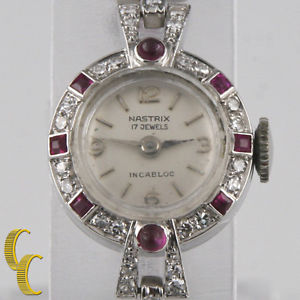 Gorgeous Vintage Nastrix Ladies Platinum Diamond & Ruby Hand-Winding Watch 17J