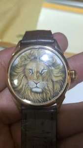 Beijing Wristwatch Handwind Hand Painted Enamel Lion Dial Man 18K Rose Gold