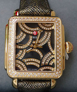 NEW $2995 Michele Deco Diamond Watch Black Face Gold Leather Strap MWW06T000133