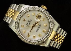 Rolex Mens Datejust Date Oyster 18K Gold Steel Diamond Dial Bezel Luxury 16013