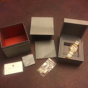 Designer Michele Rose Gold Color Diamond Deco Rectangle Brown Face Watch w Box