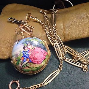 Rare 18k Enamel Romilly Paris Verge fusee Pocket Watch Circa 1700s With 18k Fob