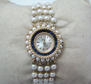 Gorgeous Vintage Pearl & Sapphire Ladies watch in 14k Gold by Lucien Piccard