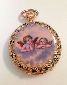 Rare Antique Swiss Made 14k Enamel Cherub Pocket Watch ~ Serviced