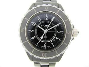 Auth CHANEL Black Ceramic J12 Wristwatch H0682 Quartz Men