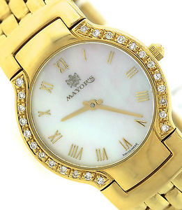 Mint Ladies Mayor's 18K Yellow Gold MOP Roman Diamond 25mm Swiss Quartz Watch