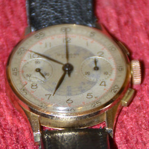 RARE DUPONT EXTRA 18K GOLD TELEMETER CHRONOGRAPH WATCH 1940'S Landeron 47 SWISS