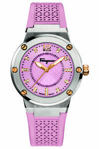 Ferragamo Women's FIG050015 F-80 Diamonds Gold IP Luminous Pink Rubber Watch