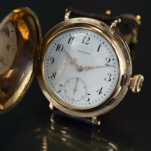 Teutonia Glashutte 14kt gold 52mm hunter grade Swiss made antique men watch WW1
