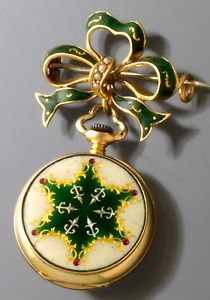 18K Gold Miniature Christmas Gift Pendant Watch with Fancy Dial & Enameled Pin