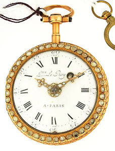 Le Roy, 18k YG, Openface, Fusse Key Wind Watch with Pearls & Enamel