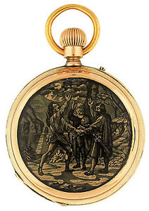 Swiss 18k Gold & Painted on Enamel “Grutli Pact” Open Face Keyless Pocket Watch