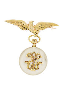 Swiss 18k Yellow Gold Open face pocket watch with 18k Yellow Gold bird brooch...