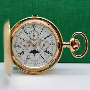 QUARTER REPEATER CHRONO COMPLETE CALENDAR MOONPHASE 14K GOLD POCKET WATCH 63mm.