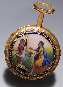 Antique Enamel Gilt Case Verge Fusee Case Pocket Watch with Key CA1780