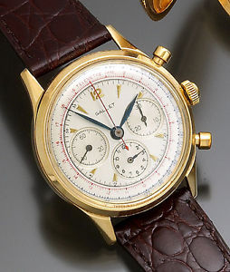Wonderful 14K Gallet Round Button Three-Register Gent’s Chronograph Wrist Watch