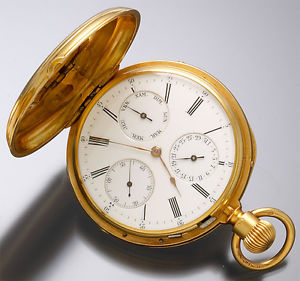 18K Gold Hunter Case Pocket Watch with Day Date & Time Dial CA1885