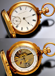 Massive 18K Rose Gold Box Hinge Waltham Double Dial Chronograph Pocket Watch