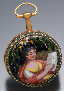 Early Gilt Verge Fusee Enamel Pocket Watch With Fancy Painted Dial