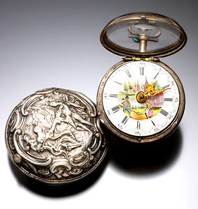 Rare Verge Fusee English Repousse Pair Case with Scenic Painted Porcelain Dial