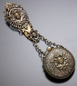 Verge Fusee Pocket Watch with Chatelaine Outer Embossed Cherub Case Antique 1750