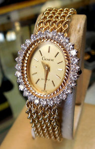 Ladies Geneve Watch in 14K Gold w/ Diamond Bezel - Quartz w/ New Battery
