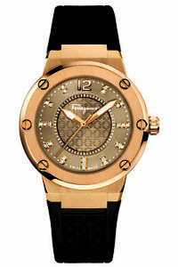 Ferragamo Women's FIG060015 F-80 Diamond Gold IP Brown Rubber Wristwatch