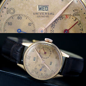 1940s Vintage UNIVERSAL Geneve Winding Triple Calendar Date 18k Gold Watch 11301