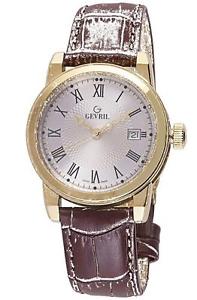 Gevril Men's 2525 PARK Gold IP Silver Dial Brown Leather Date Wristwatch